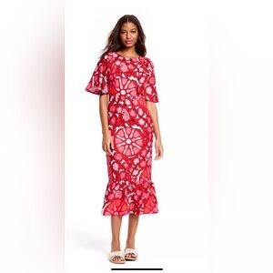 RHODE X Target Women's Zinnia Red Floral Print Bell Sleeve Midi Dress Size 14